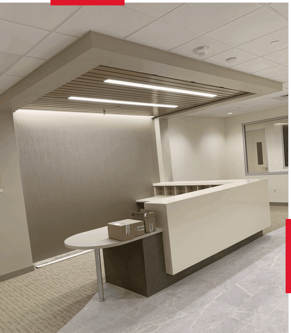 Minimalist modern reception area with clean lines and neutral colors.