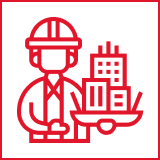 Icon of a construction worker in front of a building on a red background.