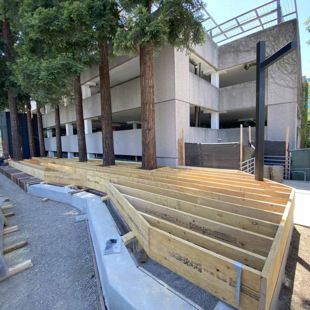 Outdoor wooden benches under trees next to a modern building.